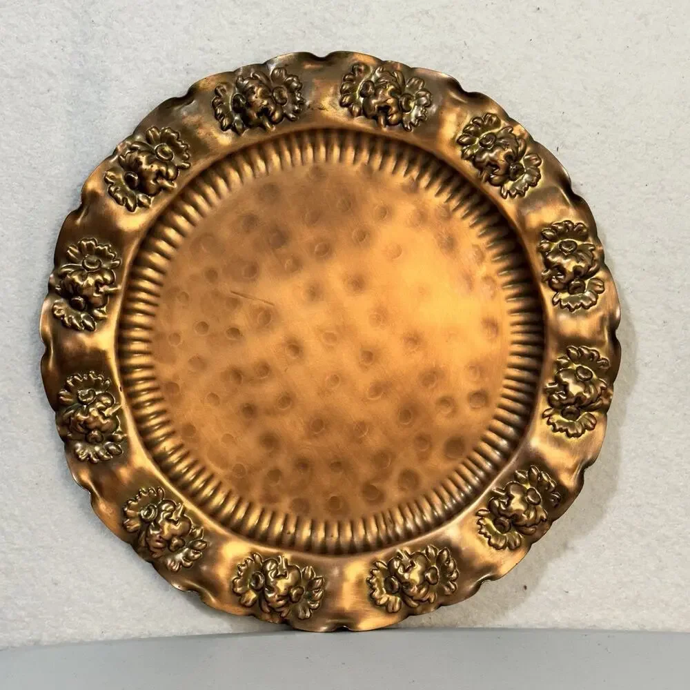 Vintage Solid Copper Gregorian Hammered Metal 13 1/2” Wall Hanging Art Plate VTG